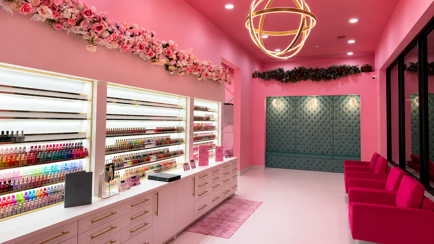 Interior of Pink Nail Boutique showing the pink walls and nail polish wall